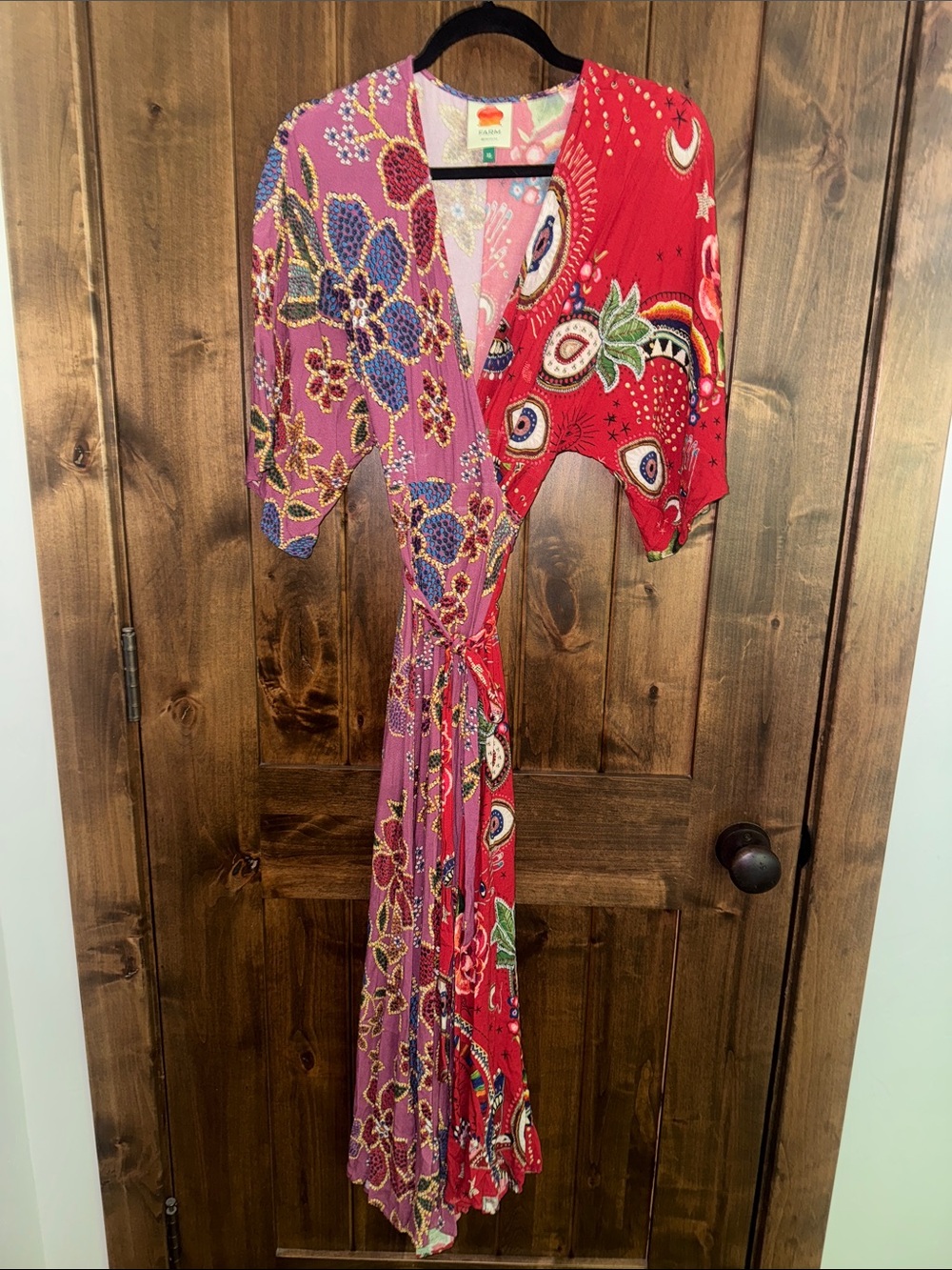 FARM Rio Red and Mauve Mixed Print Maxi Wrap Dress